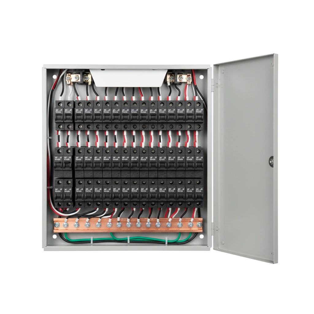 200-amp residential electrical panel, door open